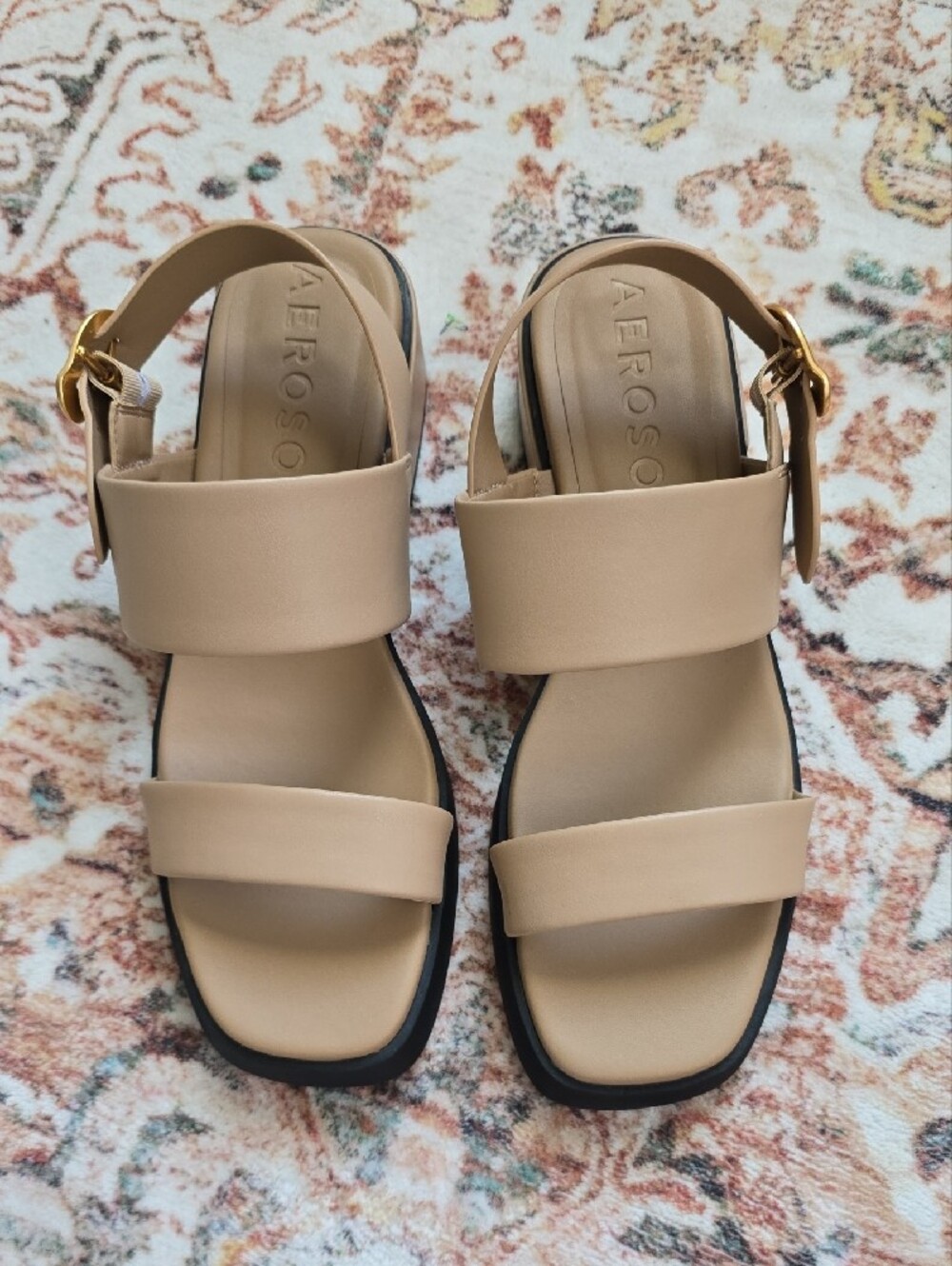 NWOT AEROSOLES Dove Sandals Double-Strap Block Heel Gold Buckle Natural Beige 10 - Picture 2 of 7